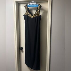Black Evening Gown with Gold and Black Beaded and Sequins Yoke